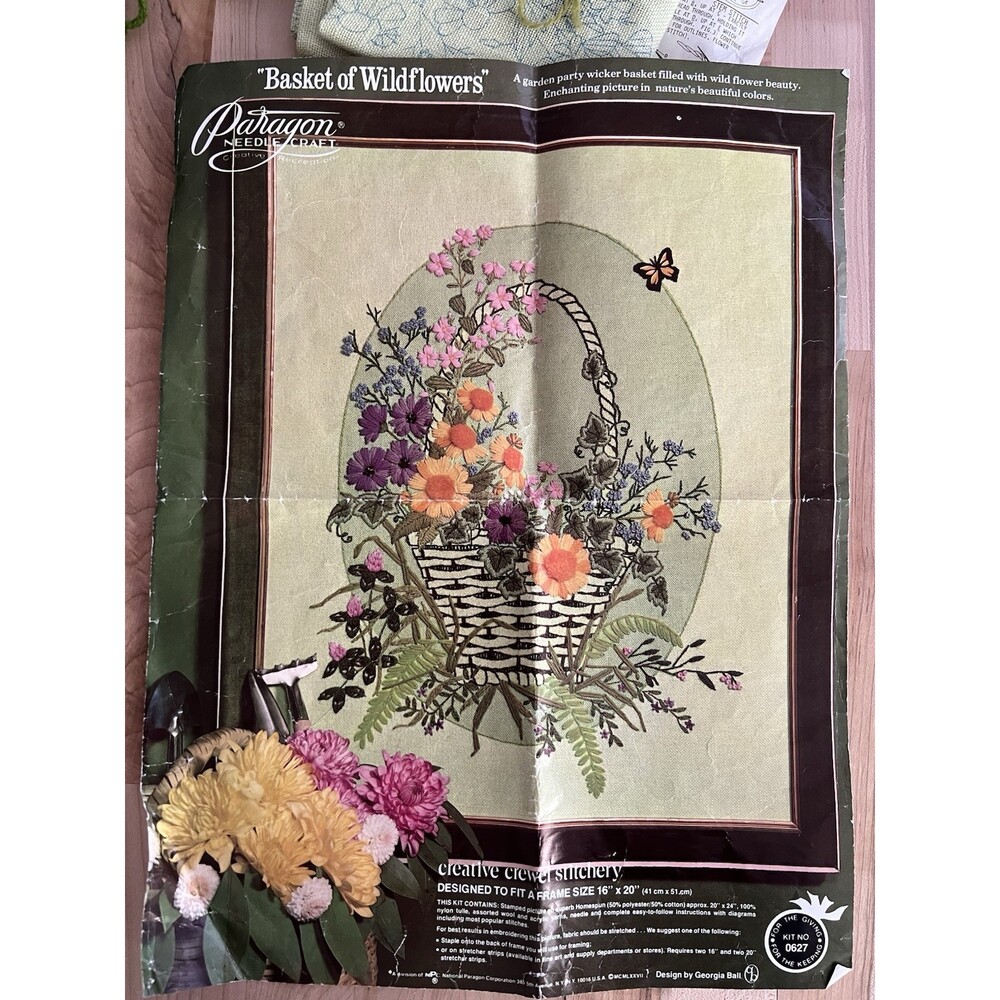 Paragon Crewel Embroidery Kit Floral Basket 16 x 20 Work In Progress